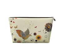 Leather Travel Makeup Bag with Hen Flying Butterflies Among Flower Prints - Gold Zipper Waterproof Cosmetic Bags Toiletry Bag for Daily Use & Travel