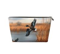 Leather Travel Makeup Bag with Hunting Flying Wild Duck 1 Prints - Gold Zipper Waterproof Cosmetic Bags Toiletry Bag for Daily Use & Travel