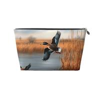 Leather Travel Makeup Bag with Hunting Flying Wild Duck 1 Prints - Silver Zipper Waterproof Cosmetic Bags Toiletry Bag for Daily Use & Travel