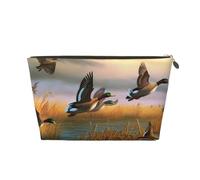Leather Travel Makeup Bag with Hunting Flying Wild Ducks 7 Prints - Gold Zipper Waterproof Cosmetic Bags Toiletry Bag for Daily Use & Travel