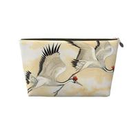 Leather Travel Makeup Bag with Japanese Birds Flying Painting Prints - Gold Zipper Waterproof Cosmetic Bags Toiletry Bag for Daily Use & Travel
