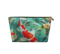 Leather Travel Makeup Bag with Japanese Pretty Koi Fish Prints - Gold Zipper Waterproof Cosmetic Bags Toiletry Bag for Daily Use & Travel