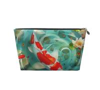 Leather Travel Makeup Bag with Japanese Pretty Koi Fish Prints - Silver Zipper Waterproof Cosmetic Bags Toiletry Bag for Daily Use & Travel
