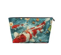 Leather Travel Makeup Bag with Japanese Pretty Koi Fishs Prints - Silver Zipper Waterproof Cosmetic Bags Toiletry Bag for Daily Use & Travel