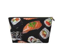 Leather Travel Makeup Bag with Japanese Sushi Black Prints - Gold Zipper Waterproof Cosmetic Bags Toiletry Bag for Daily Use & Travel