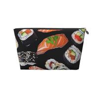 Leather Travel Makeup Bag with Japanese Sushi Black Prints - Silver Zipper Waterproof Cosmetic Bags Toiletry Bag for Daily Use & Travel