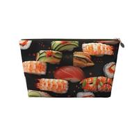 Leather Travel Makeup Bag with Japanese Sushi Shrimp Prints - Gold Zipper Waterproof Cosmetic Bags Toiletry Bag for Daily Use & Travel