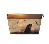 Leather Travel Makeup Bag with Killer Whale Under Sunset Prints - Gold Zipper Waterproof Cosmetic Bags Toiletry Bag for Daily Use & Travel