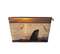 Leather Travel Makeup Bag with Killer Whale Under Sunset Prints - Silver Zipper Waterproof Cosmetic Bags Toiletry Bag for Daily Use & Travel