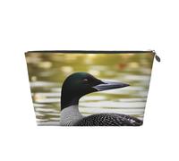 Leather Travel Makeup Bag with Loon Nature Bird Prints - Silver Zipper Waterproof Cosmetic Bags Toiletry Bag for Daily Use & Travel