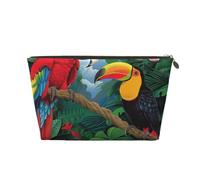 Leather Travel Makeup Bag with Macaw and Toucan Perching of US Rainforests Prints - Gold Zipper Waterproof Cosmetic Bags Toiletry Bag for Daily Use & Travel