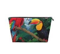 Leather Travel Makeup Bag with Macaw and Toucan Perching of US Rainforests Prints - Silver Zipper Waterproof Cosmetic Bags Toiletry Bag for Daily Use & Travel