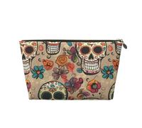 Leather Travel Makeup Bag with Mexican Skull Prints - Gold Zipper Waterproof Cosmetic Bags Toiletry Bag for Daily Use & Travel