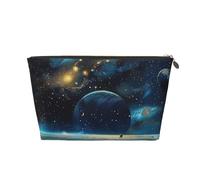 Leather Travel Makeup Bag with Moon Stars and Planets Prints - Gold Zipper Waterproof Cosmetic Bags Toiletry Bag for Daily Use & Travel
