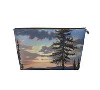 Leather Travel Makeup Bag with Moose Mountain Pine Tree Wilderness Prints - Gold Zipper Waterproof Cosmetic Bags Toiletry Bag for Daily Use & Travel