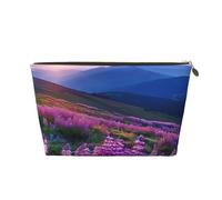Leather Travel Makeup Bag with Nature Flowers Mountain Sunset Prints - Gold Zipper Waterproof Cosmetic Bags Toiletry Bag for Daily Use & Travel