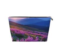 Leather Travel Makeup Bag with Nature Flowers Mountain Sunset Prints - Silver Zipper Waterproof Cosmetic Bags Toiletry Bag for Daily Use & Travel