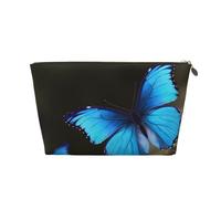 Leather Travel Makeup Bag with Outdoor Beautiful Blue Butterfly Prints - Gold Zipper Waterproof Cosmetic Bags Toiletry Bag for Daily Use & Travel