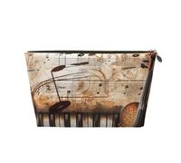 Leather Travel Makeup Bag with Piano Violin Music Notes Prints - Gold Zipper Waterproof Cosmetic Bags Toiletry Bag for Daily Use & Travel