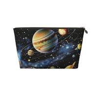 Leather Travel Makeup Bag with Planets Stars and Galaxy Prints - Gold Zipper Waterproof Cosmetic Bags Toiletry Bag for Daily Use & Travel