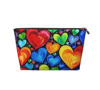 Leather Travel Makeup Bag with Rainbow Hearts Prints - Gold Zipper Waterproof Cosmetic Bags Toiletry Bag for Daily Use & Travel