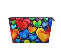 Leather Travel Makeup Bag with Rainbow Hearts Prints - Silver Zipper Waterproof Cosmetic Bags Toiletry Bag for Daily Use & Travel