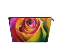 Leather Travel Makeup Bag with Rainbow Rose Flower Prints - Silver Zipper Waterproof Cosmetic Bags Toiletry Bag for Daily Use & Travel