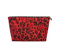 Leather Travel Makeup Bag with Red Leopard Pattern Prints - Gold Zipper Waterproof Cosmetic Bags Toiletry Bag for Daily Use & Travel