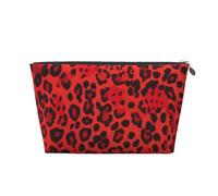 Leather Travel Makeup Bag with Red Leopard Pattern Prints - Silver Zipper Waterproof Cosmetic Bags Toiletry Bag for Daily Use & Travel