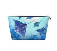 Leather Travel Makeup Bag with Sea Animals Stingrays Prints - Gold Zipper Waterproof Cosmetic Bags Toiletry Bag for Daily Use & Travel