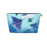 Leather Travel Makeup Bag with Sea Animals Stingrays Prints - Silver Zipper Waterproof Cosmetic Bags Toiletry Bag for Daily Use & Travel