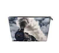 Leather Travel Makeup Bag with Steam Train Clouds Prints - Gold Zipper Waterproof Cosmetic Bags Toiletry Bag for Daily Use & Travel