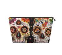 Leather Travel Makeup Bag with Sugar Skulls Prints - Gold Zipper Waterproof Cosmetic Bags Toiletry Bag for Daily Use & Travel