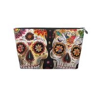 Leather Travel Makeup Bag with Sugar Skulls Prints - Silver Zipper Waterproof Cosmetic Bags Toiletry Bag for Daily Use & Travel