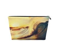 Leather Travel Makeup Bag with Sunset Sea Surfing Seascape Prints - Silver Zipper Waterproof Cosmetic Bags Toiletry Bag for Daily Use & Travel