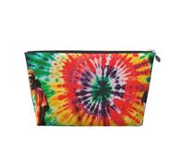 Leather Travel Makeup Bag with Tie Dye Hippies Prints - Silver Zipper Waterproof Cosmetic Bags Toiletry Bag for Daily Use & Travel