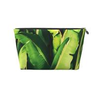 Leather Travel Makeup Bag with Tropical Banana Palm Leaves Prints - Silver Zipper Waterproof Cosmetic Bags Toiletry Bag for Daily Use & Travel