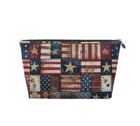 Leather Travel Makeup Bag with USA Flag Patchwork Prints - Silver Zipper Waterproof Cosmetic Bags Toiletry Bag for Daily Use & Travel