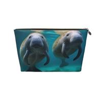 Leather Travel Makeup Bag with West Indian Manatees Prints - Gold Zipper Waterproof Cosmetic Bags Toiletry Bag for Daily Use & Travel