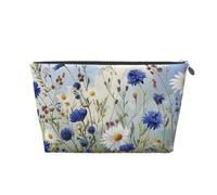 Leather Travel Makeup Bag with Wild Flowers and Cornflowers Daisies Art Prints - Silver Zipper Waterproof Cosmetic Bags Toiletry Bag for Daily Use & Travel