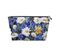 Leather Travel Makeup Bag with Wild Flowers and Cornflowers Daisies Prints - Gold Zipper Waterproof Cosmetic Bags Toiletry Bag for Daily Use & Travel