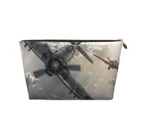 Leather Travel Makeup Bag with World War 2 Aircraft Airplane Prints - Gold Zipper Waterproof Cosmetic Bags Toiletry Bag for Daily Use & Travel