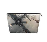 Leather Travel Makeup Bag with World War 2 Aircraft Airplane Prints - Silver Zipper Waterproof Cosmetic Bags Toiletry Bag for Daily Use & Travel