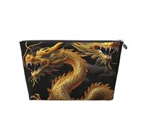Leather Travel Makeup Bag with Yellow Dragon Black Background Prints - Silver Zipper Waterproof Cosmetic Bags Toiletry Bag for Daily Use & Travel