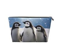 Leather Travel Makeup Bag with Young Penguins with Snow Prints - Gold Zipper Waterproof Cosmetic Bags Toiletry Bag for Daily Use & Travel