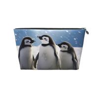 Leather Travel Makeup Bag with Young Penguins with Snow Prints - Silver Zipper Waterproof Cosmetic Bags Toiletry Bag for Daily Use & Travel