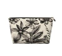 Leather Travel Toiletry Floral Herbs Botanical Pattern Print Bag,Unisex Zippered Cosmetic Pouch,Personal Care Essentials