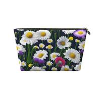 Leather Travel Toiletry Wild Flowers and Cornflowers Daisies Print Bag,Unisex Zippered Cosmetic Pouch,Personal Care Essentials