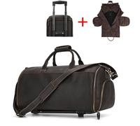 Leather Trolley Bag with Wheels Man Business Travel Bag Shoe Pocket Clothes Cover Suits Luggage Duffel Bags(Dark Brown)