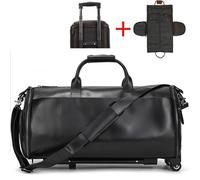 Leather Trolley Bag with Wheels Man Business Travel Bag Shoe Pocket Clothes Cover Suits Luggage Duffel Bags(Black)